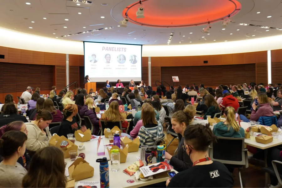 High school girls listen to a panel of women nuclear engineers across different career stages